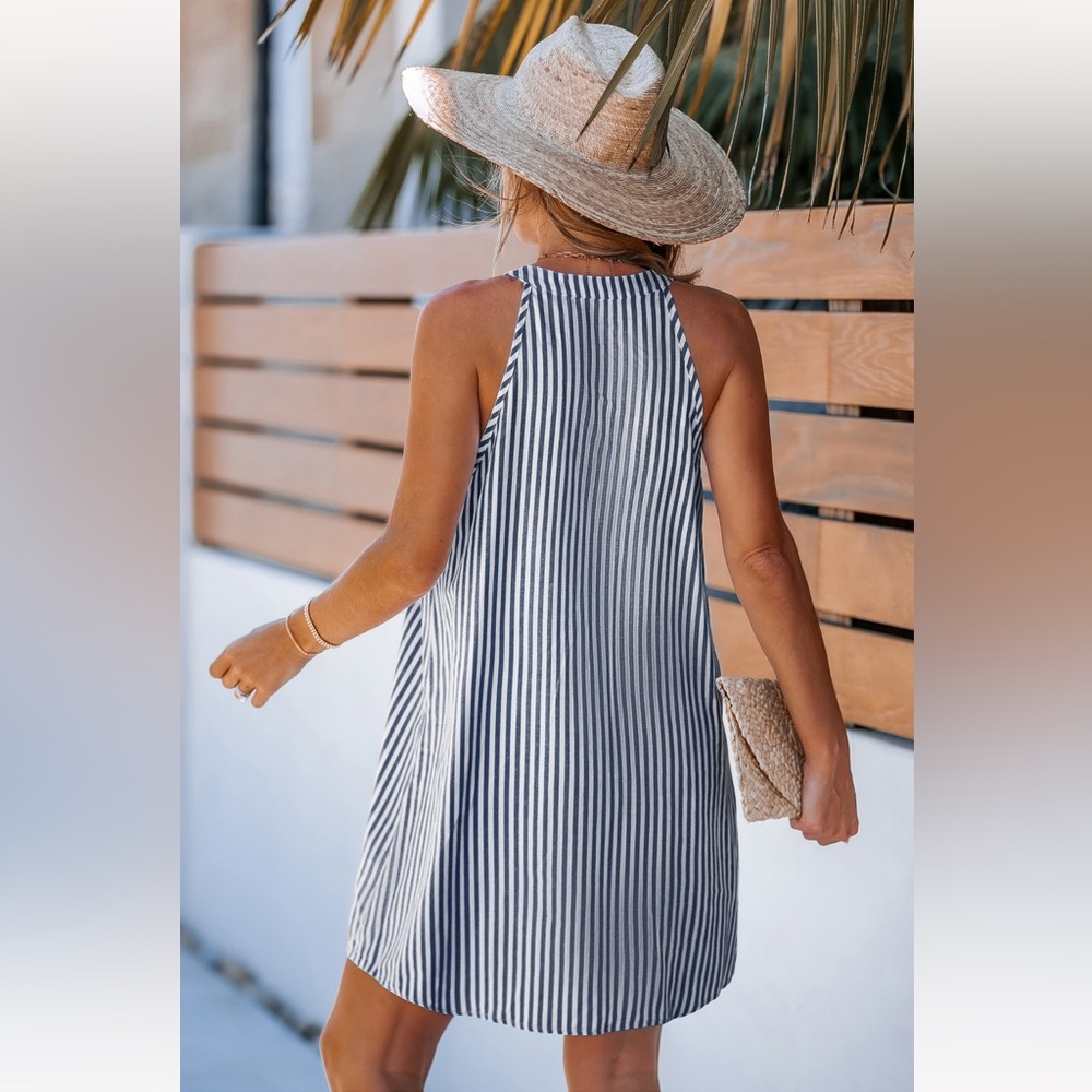 Striped Blue and White Cover Up Mini Dress - Picture 2 of 6